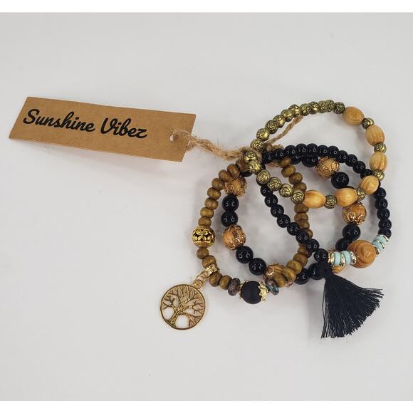 Black Beaded Boho Stretch Bracelet 4 pc Tree of Life Charm Bohemian One Size - Picture 5 of 9